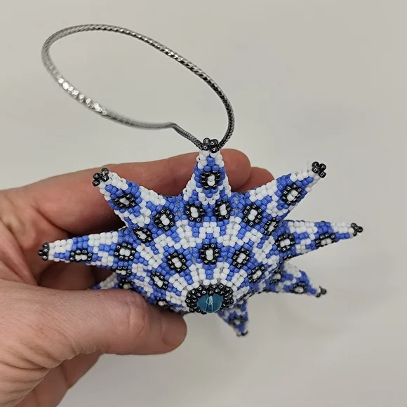 Beaded Starburst Ornament in Light Blue, White & Black - Picture 3 of 8